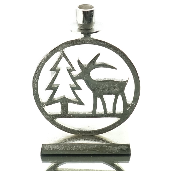 Weihnachtsleuchter Tannenbaum mit Hirsch Silberfarben massiv 20 cm - Aluminium
