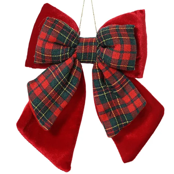 Weihnachtsschleife Rot & grün-rot kariert 23 x 18 cm - Polyester & Samt