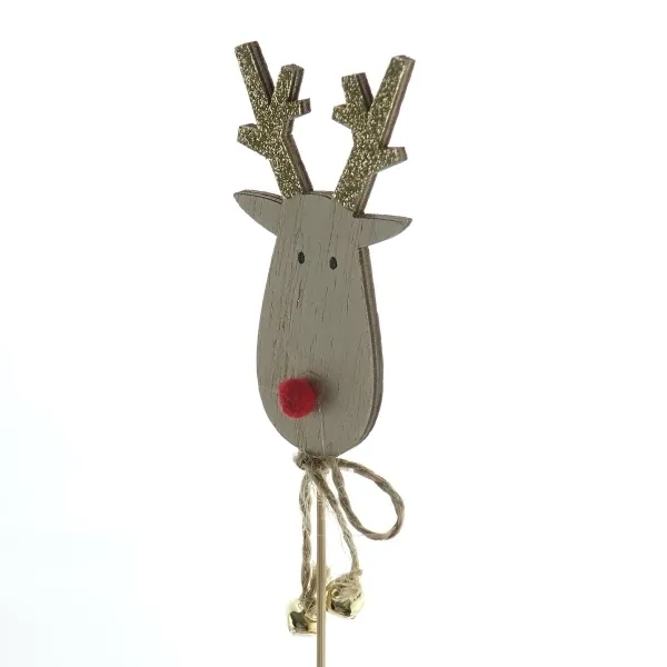 Weihnachtsstecker Hirsch mit goldfarbenem Geweih & 2 Glöckchen - Holz Weihnachtsstecker Hirsch mit goldfarbenem Geweih & 2 Glöckchen - Holz