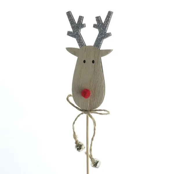 Weihnachtsstecker Hirsch mit silberfarbenem Geweih & 2 Glöckchen - Holz Weihnachtsstecker Hirsch mit silberfarbenem Geweih & 2 Glöckchen - Holz