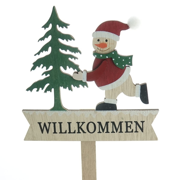 Weihnachtsstecker Tannenbaum & Schneemann Bunt mit Schriftzug Willkommen 39 cm - Holz