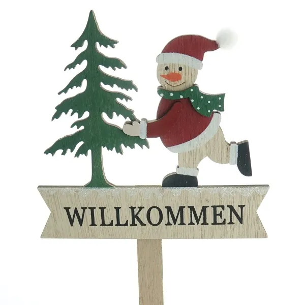 Weihnachtsstecker Tannenbaum & Schneemann Bunt mit Schriftzug Willkommen 39 cm - Holz Weihnachtsstecker Tannenbaum & Schneemann Bunt mit Schriftzug Willkommen 39 cm - Holz