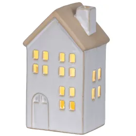 Lumineo Batterie LED Häuschen Weiß eckige Fenster 7,8 x 12,5 cm Prozellan - warmweiß