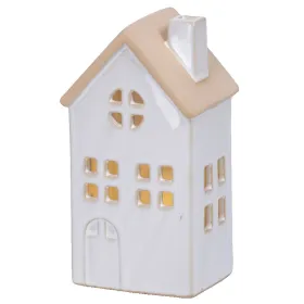 Lumineo Batterie LED Häuschen Weiß rundes Fenster 8 x 15,5 cm Prozellan - warmweiß