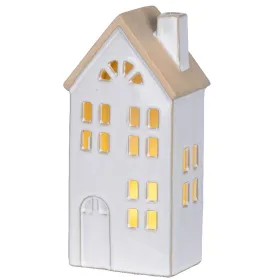 Lumineo Batterie LED Häuschen Weiß halbrundes Fenster 10 x 20,5 cm Prozellan - warmweiß