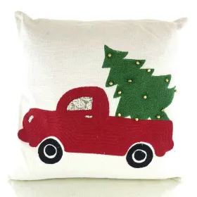Weihnachtskissen Wollweiß mit rotem PickUp & Tannenbaum 45 x 45 cm - Baumwolle