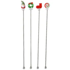 Weihnachtsrührstäbe 3D Scheibe Wichtel Kranz Strumpf 4 Stück - Edelstahl & Glas