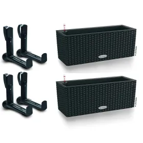LECHUZA® Blumenkasten BALCONERA Cottage 50 Graphitschwarz All-in-One x 2 + 4 Halter