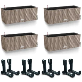 LECHUZA® Blumenkasten BALCONERA Cottage 50 Sandbraun All-in-One x 4 + 8 Halter