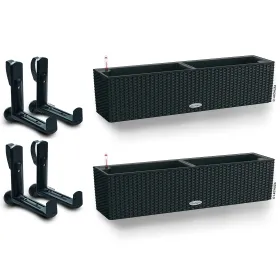 LECHUZA® Blumenkasten BALCONERA Cottage 80 Graphitschwarz All-in-One x 2 + 4 Halter