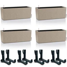 LECHUZA® Blumenkasten BALCONERA Stone 50 Sandbeige All-in-One x 4 + 8 Halter