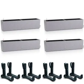 LECHUZA® Blumenkasten BALCONERA Stone 80 Steingrau All-in-One x 4 + 8 Halter