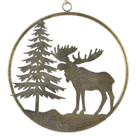 Weihnachts-Fensteranhänger Tanne & Elch Altgold- und Goldfarben groß Ø 28 cm - Metall