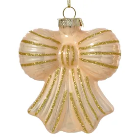 Weihnachtsanhänger Schleife champangerfarben glänzend mit goldfarbenen Glitter - Glas