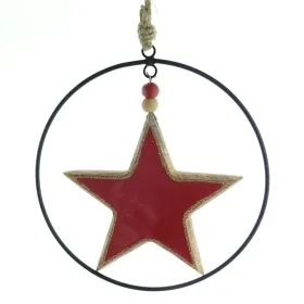 Weihnachtsanhänger Stern Rot mit schwarzem Ring Ø 20 cm - Holz & Metall Weihnachtsanhänger Stern Rot mit schwarzem Ring Ø 20 cm - Holz & Metall