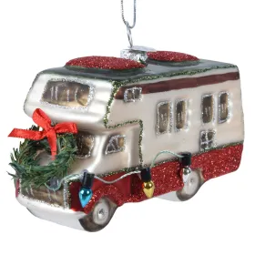 Weihnachtsanhänger Wohnmobil weiß rot Glitter - Glas