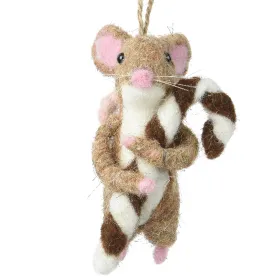 Weihnachtsanhänger Maus Beige-Braun mit Zuckerstange in den Pfoten 9 cm - Filzwolle