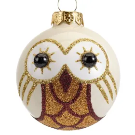 Weihnachtskugel Eule Wollweiß glänzend & Goldfarben mit Glitter Ø 6 cm - Glas