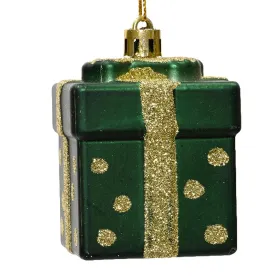 Weihnachtskugel Geschenk Grün matt mit goldfarbenen Glitter Höhe 6,8 cm Breite 5 cm Länge 5 cm - Kunststoff