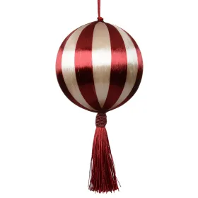 Weihnachtskugel gestreift Rot/Champagnerfarben mit Quaste Ø 10 cm - Seide & Schaumstoff