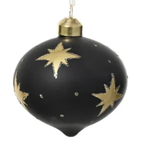Weihnachtskugel Zwiebelform Schwarz matt mit goldfarbenen Sternen Ø 8 cm - Glas